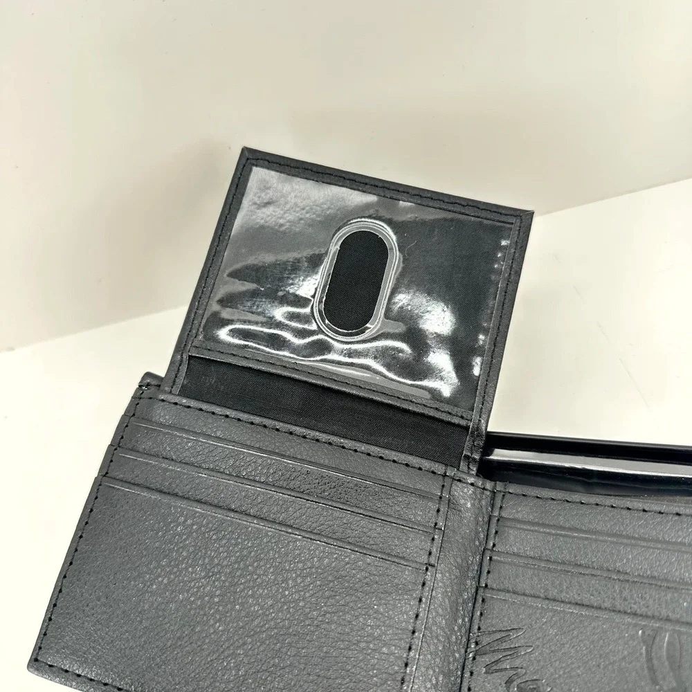 Marc Ecko Wallet Cut & Sew Bifold Black Grey Leather Rhino Logo Tin Box